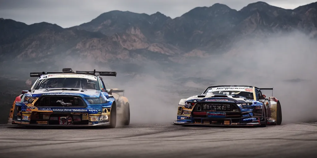 Prompt: A wide angle photograph of the hoonicorn mustang drifting Pikes Peak by Larry Chen , Canon, hoonigan, cinematic lighting, by Larry Chen, pikes peak, f18, f22, 4k