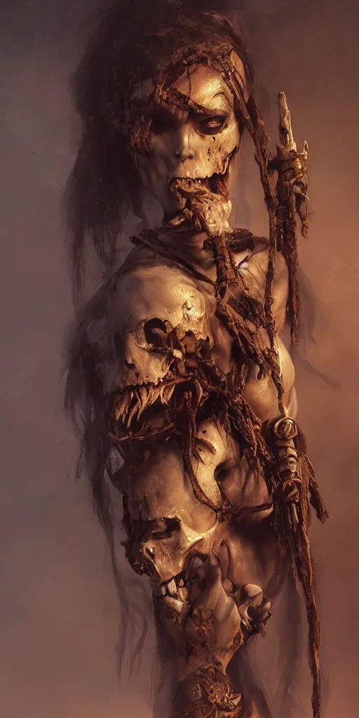 Prompt: a beautiful gorgeous female warrior lady holding a skull shrouded in body horror, in a dark setting by Frank Frazetta, atmospheric, trending on artstation, 4K, subsurface scattering, global illumination, cinematic lighting, UHD, HDR