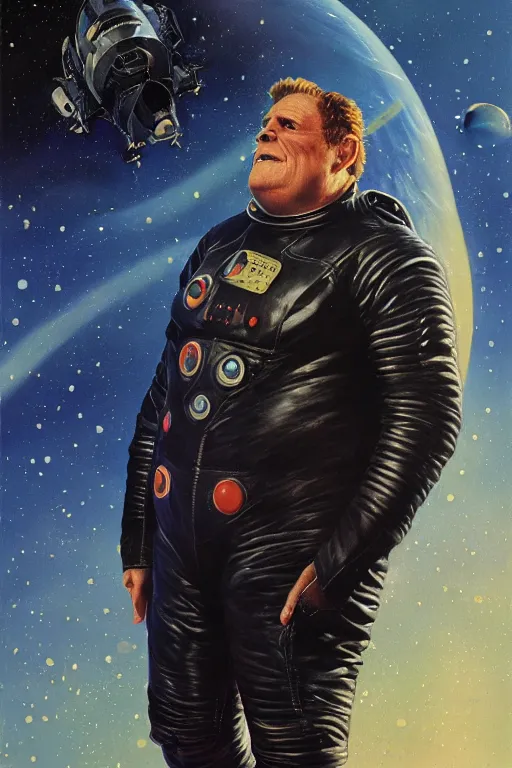 Image similar to portrait of a fat willem dafoe wearing leather spacesuit, nebula space background and spaceship, illustration by normal rockwell, jacob collins, artstation character art, john berkey, greg rutkowski