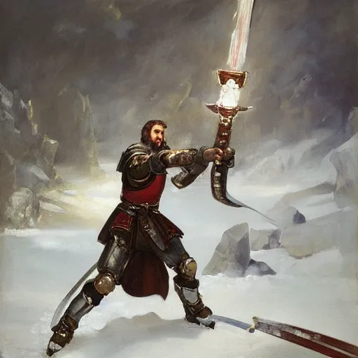 Image similar to realistic painting image of a templar knight with one mechanical hand carrying a fire sword and wielding it at the ice dragon. dramatic scene, realism, created by gustave courbet and michaelangelo, trending in artstation, fine art, smooth draw with oil painting.