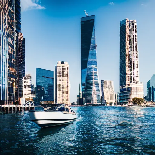 Prompt: a boat sitting on top of three skyscrapers