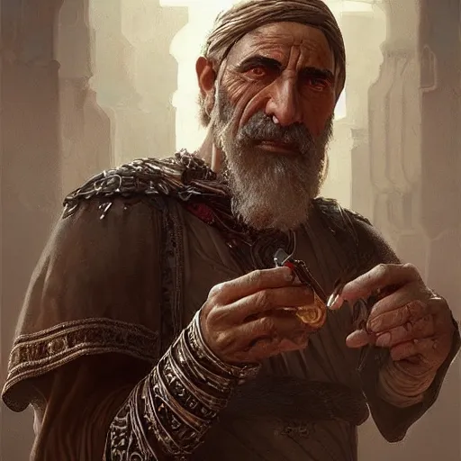 Prompt: an, old, weathered middle eastern warrior, drinking alcohol, D&D, highly detailed, digital painting, artstation, concept art, sharp focus, illustration, cinematic lighting, art by artgerm and greg rutkowski and alphonse mucha