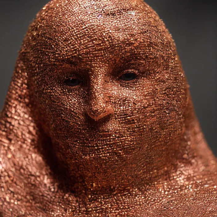 Image similar to closeup portrait of a woman wrapped in copper fiber, in waitomo caves new zealand, color photograph, by vincent desiderio, canon eos c 3 0 0, ƒ 1. 8, 3 5 mm, 8 k, medium - format print