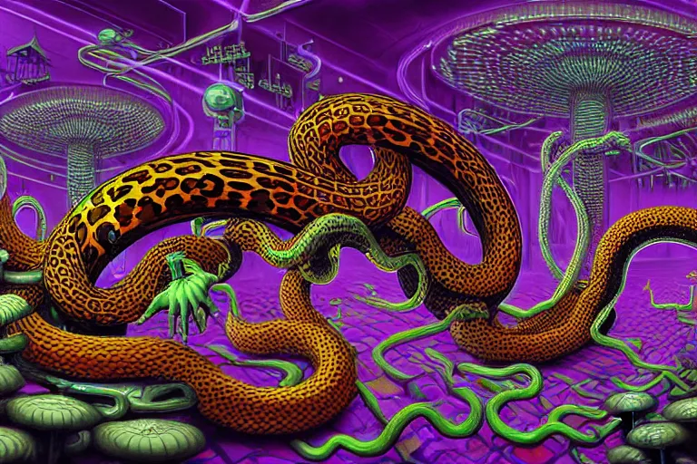 Image similar to a detailed digital art painting of a cyberpunk magick oni dragon with occult futuristic effigy of a beautiful field of mushrooms that is a adorable leopard atomic latent snakes in between ferret biomorphic molecular hallucinations in the style of escher, alex grey, stephen gammell inspired by realism, symbolism, magical realism and dark fantasy, crisp,