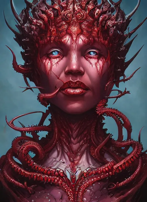 Prompt: a hyper detailed face portrait of the queen of blades, diablo 4 lilith, by yusuke murata, by hiroya oku, by dorian cleavenger, by tom bagshaw, by zdzisław beksinski, trending on artstation