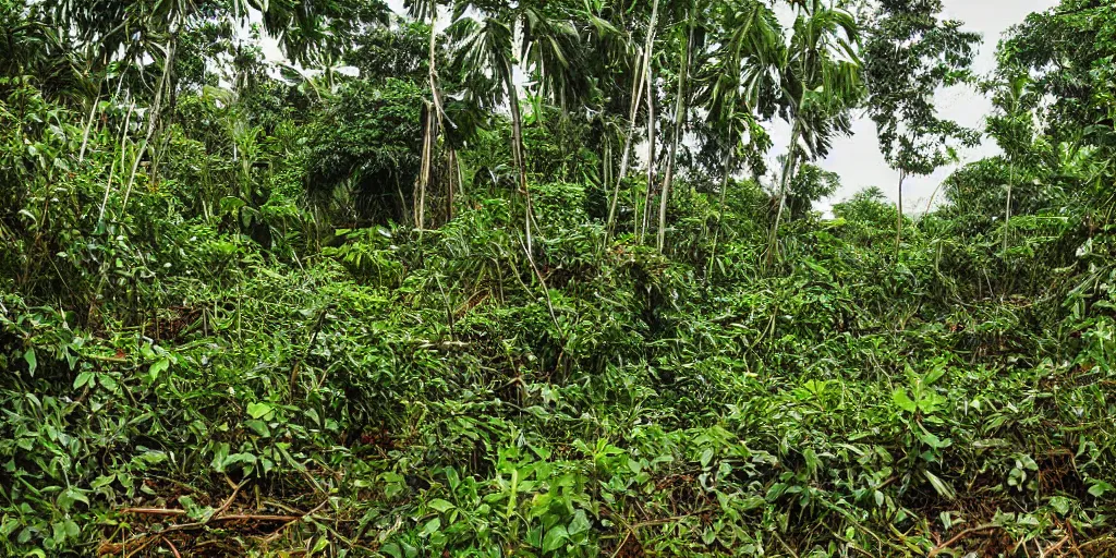 Image similar to abandoned sri lankan city, overgrown greenery, photograph