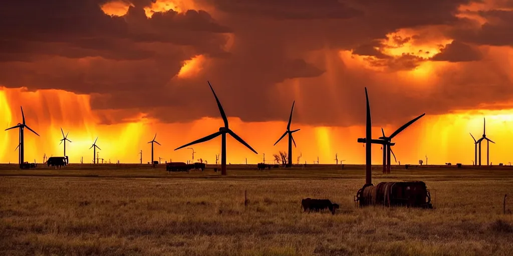 Image similar to photo of a stormy west texas sunset, perfect rustic pumpjack!, wind turbine!, abandoned train!!, horses!!, cows!!, high resolution lightning, golden hour, high detail, beautiful!!!