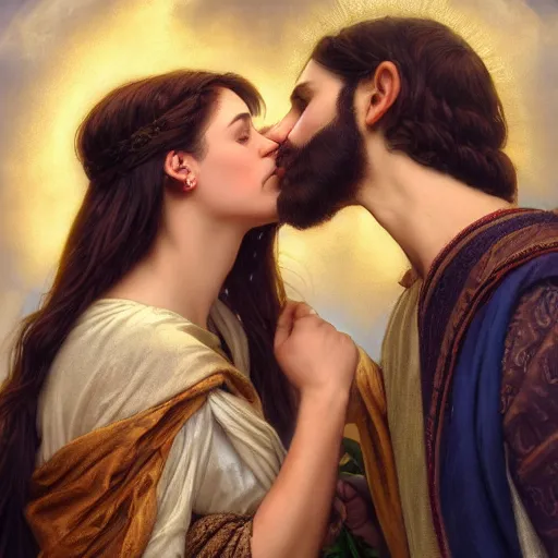 Prompt: jesus kissing a sensual woman in jerusalem, elegant, highly detailed, digital painting, artstation, concept art, matte, sharp focus, highly detailed, 4 k, hdr, smooth, sharp focus, high resolution, award - winning photo, photorealistic, art by artgerm and greg rutkowski and alphonse mucha, large shot