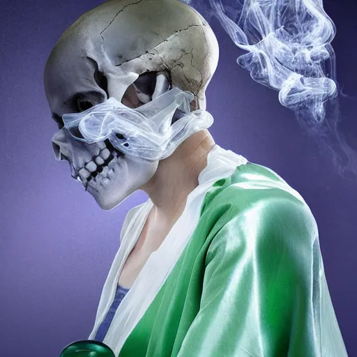 Image similar to woman in hospital room. Holding bottle made of skull. Poisonous green smoke comes out of a botlle forming dancing skeletons to the air. Woman is wearing white toga made of silk. Glamour photograph. Digital painting - h 768