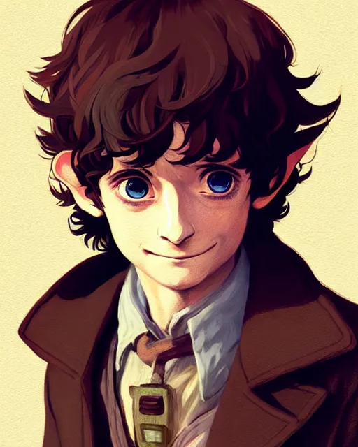 Image similar to portrait Anime joyful Hobbit Frodo Baggins; velvet brown jacket, backpack, Shire background || cute-fine-face, pretty face, realistic shaded Perfect face, fine details. Anime. realistic shaded lighting by Greg Rutkowski