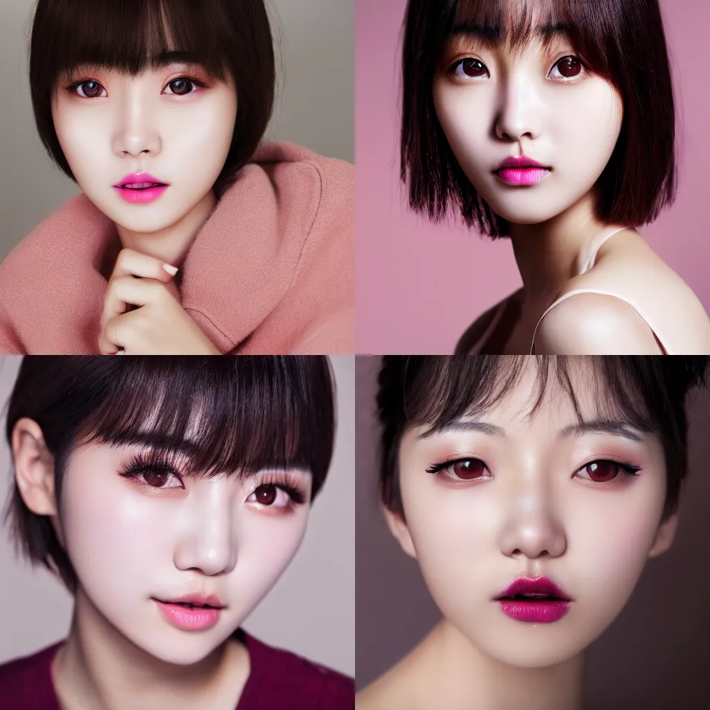 Prompt: Adorable young korean woman, short haircut, dark brown eyes, popular korean makeup, pink lips, smooth light skin, closed mouth, high detail, photo realistic, 4k detail, portrait photo, studio lighting