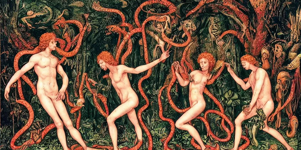 Image similar to kenophobia horror vacui depicting adam and eve, in the garden of eden, eating a giant psychedelic mushroom, snakes and angels are in the background,