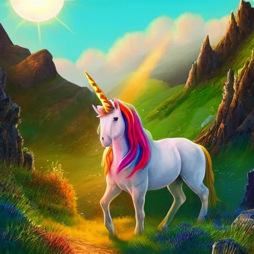 Image similar to ''A colorful unicorn on a beautiful fantasy landscape, hills, mountains, sunlight, HD, illustration, epic''