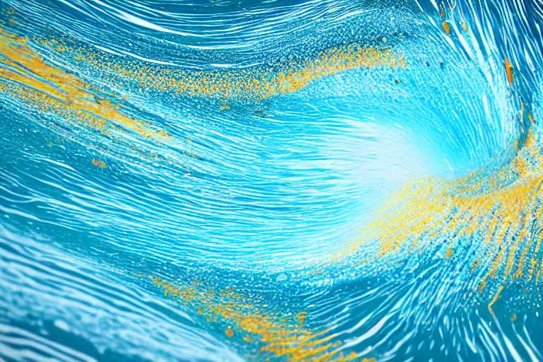 Prompt: big ocean wave of water particles, light blue, yellow orange wave, and light brown colors wave, white foam, many splash, complex curl noise, vortex, simulation, reflection, featured on behance, uhd image, media art, motion graphic, particles, fluids, 3 d, rendering, octane