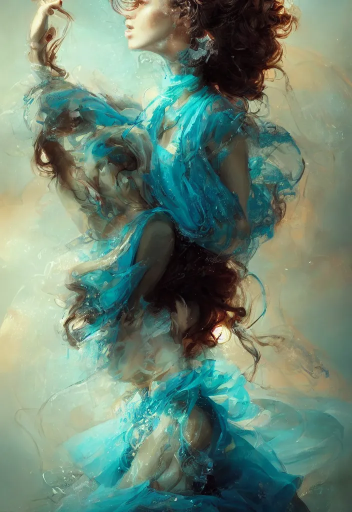 Image similar to full body portrait of a duo of 1 9 years old girl figures, curly messy high bun hairstyle, oriental tattoos, jewelry, subject wearing a high fashion gown, flowing, beautiful, dramatic, cinematic lighting, highly detailed, few vivid turquoise highlights, by ross tran and jeremy mann, artstation, pixiv, oil on canvas