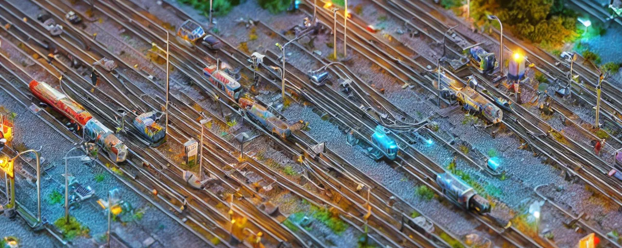 Image similar to mega detailed miniature voxel diorama of futuristic railway junction, modern architecture, tilt shift, industrial lights, by night clean and sterile atmosphere, row of street lamps with cold blue light, several trains nearby, near future 2 0 3 0