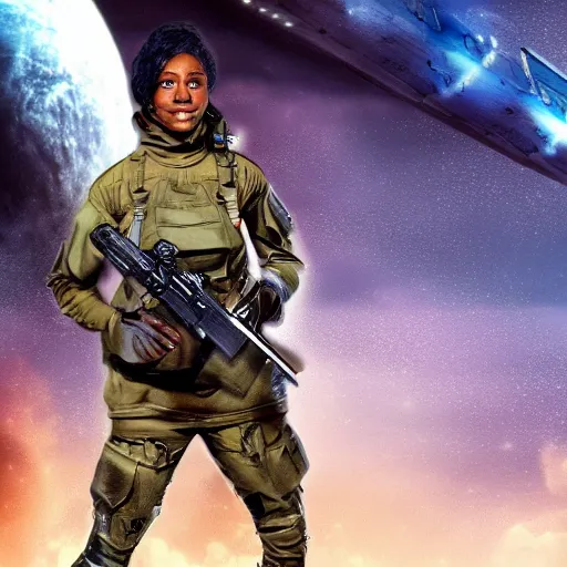 Image similar to a futuristic female soldier with brown skin and short hair in a spaceship