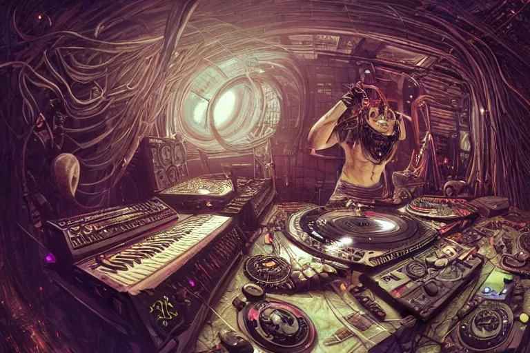 Image similar to a fisheye lens photo of a post apocalyptic tribal cyborg dj tweaking and playing synthesizers in the most complicated and technical spiral fractal musical studio, powerful, cinematic, beautifully lit, by donato giancola, by artgerm, by karol bak, 3 d, perfect face and body, trending on artstation, octane render, 8 k