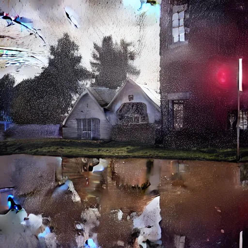 Prompt: still photo of rain puddles and reflections in a muddy village, cloudy weather, highly detailed, photorealistic shot, bright studio setting, studio lighting, crisp quality and light reflections, unreal engine 5 quality render