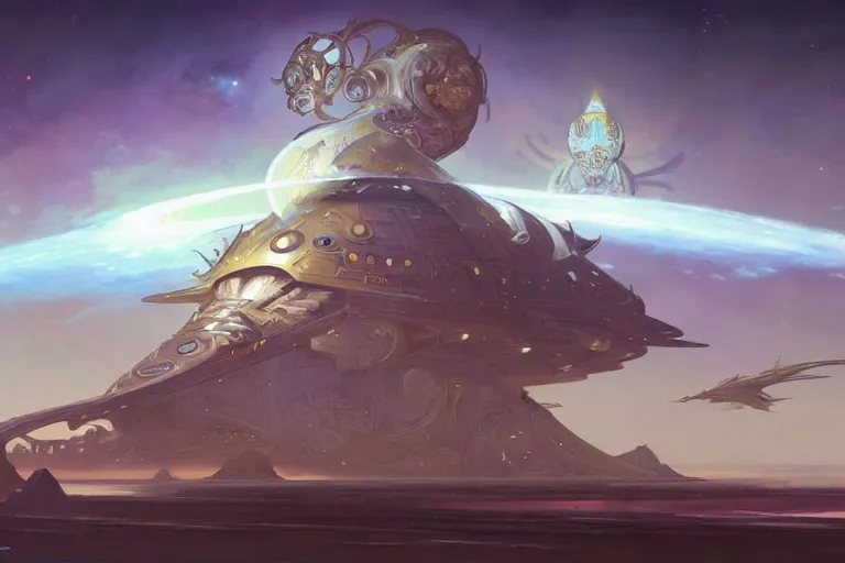 Image similar to hyperbolic sacred holy intergalactic starship concept design by peter mohrbacher and craig mullins and hiroshi yoshida and james jean and frank frazetta and michael whelan and andreas rocha