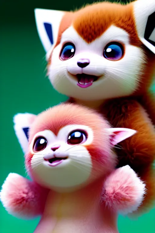 Image similar to high quality 3 d render hyperrealist very cute pastel fluffy! red panda & tarsier hybrid suspicious eating giant ice cream, vray smooth, in the style of detective pikachu, hannah yata, very dramatic light, low angle, uhd 8 k, shallow depth or field