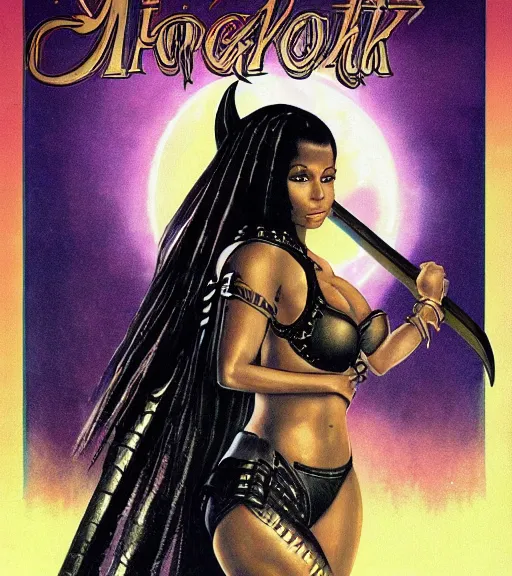 Image similar to 1 9 8 0 s fantasy novel book cover, nicki minaj in bikini armor holding a cartoonishly huge sword, dark smoky background, menacing dragon within the shadows