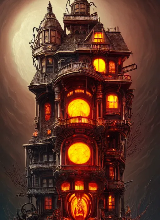 Prompt: hyper detailed ultra sharp of a halloweenpunk pumpkincore steampunk sci - fi haunted megastructure house trending on artstation, warpaint aesthetic, earthwave, colorful, psychedelic, ornate, intricate, digital painting, concept art, smooth, sharp focus, illustration, art by artgerm and greg rutkowski and h. r. giger, 8 k