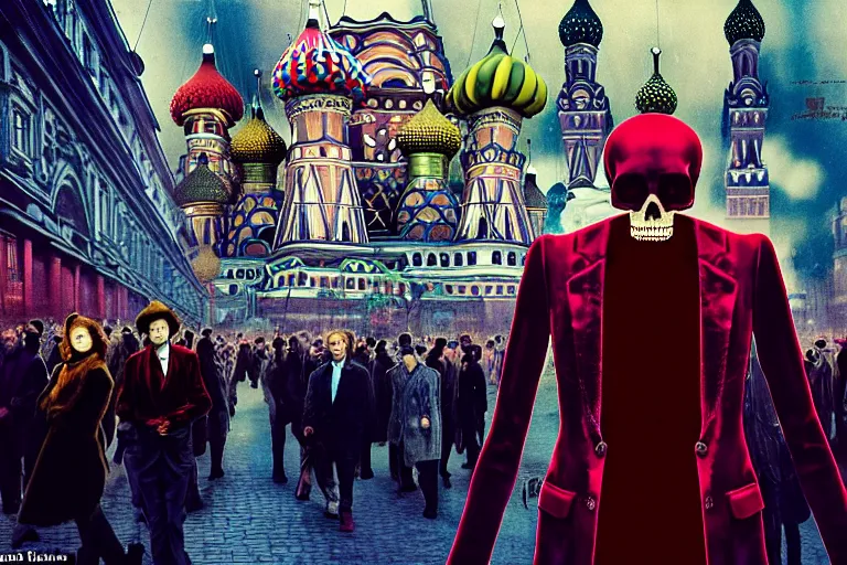 Prompt: realistic detailed photorealistic film portrait shot of a single skeleton wearing crimson velvet blazer in a crowded futuristic moscow street by Denis Villeneuve, Amano, Yves Tanguy, Alphonse Mucha, Ernst Haeckel, Andrei Tarkovsky, Edward Robert Hughes, Roger Dean, rich moody colours, wide angle, blue eyes