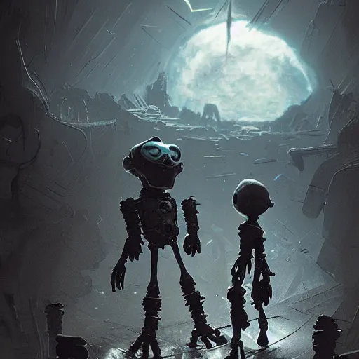 Prompt: astro bot creepy, nightmare, dream - like heavy atmosphere in the style of greg rutkowski and craig mullins