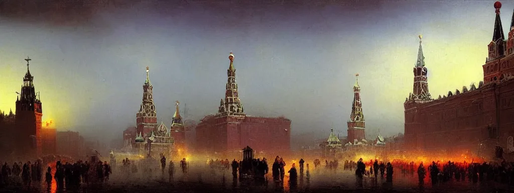 Prompt: alien predator on moscow red square. extreme long shot. post-apocalyptic art by Aivazovsky. high detail