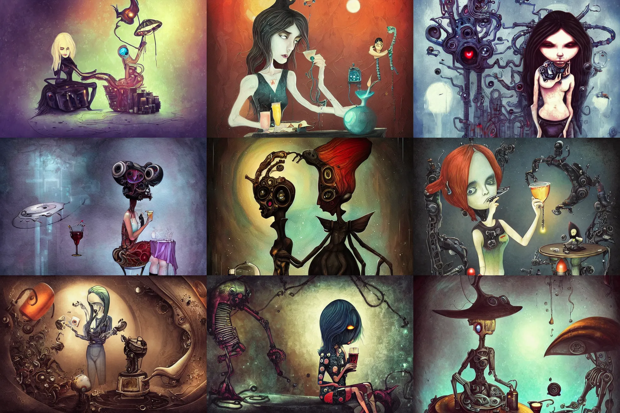 Prompt: Alice drinks a mystery drink and shrinks, biomechanoid, sci-fi, dramatic, art style Megan Duncanson and Benjamin Lacombe, super details, dark dull colors, ornate background, mysterious, eerie, sinister