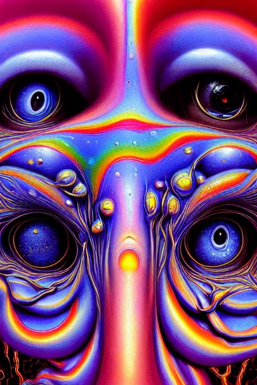 Image similar to hyperrealistic abstract close-up Renaissance psychedelic!! celestial happy! pure creature!! peaceful! kind spirit of nature! beautiful fractal!! eyes! highly detailed concept art eric zener elson peter cinematic hard rainbow lighting high angle hd 8k sharp shallow depth of field endless, inspired by Zdzisław Beksiński Salvador Dali