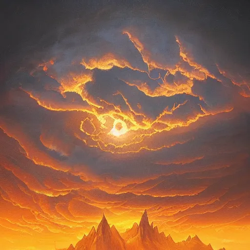 Prompt: golden cumulonimbus clouds, dawn, in style of Doom, in style of Midjourney, insanely detailed and intricate, golden ratio, elegant, ornate, unfathomable horror, elite, ominous, haunting, matte painting, cinematic, cgsociety, Andreas Marschall, James jean, Noah Bradley, Darius Zawadzki, vivid and vibrant