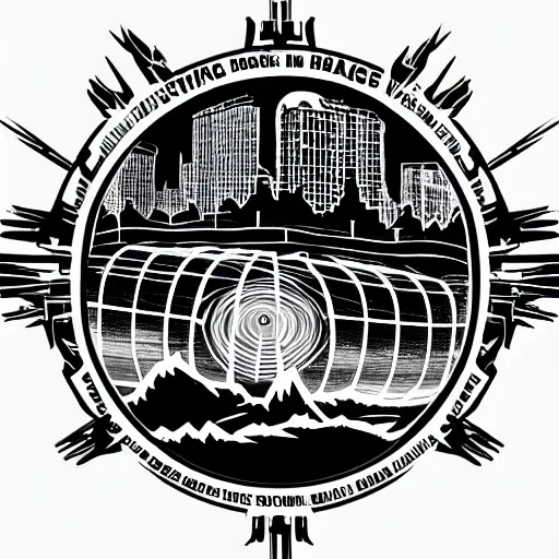 Image similar to tattoo png logo of black hole rising above city, city destroyed by shockwave, black hole with accretion disс, digital art, vector logo, sticker, black and white, art by stefan koidl, brock hofer, marc simonetti