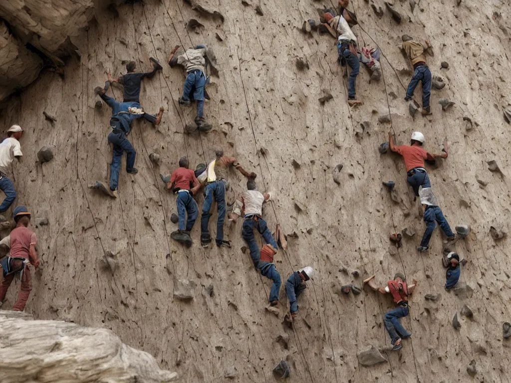 Image similar to miniature men of gray clay climbing on huge wooden stairs