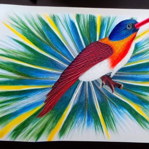 Prompt: Colored pencil art on paper, Tropical Bird, highly detailed, artstation, MasterPiece, Award-Winning, Caran d'Ache Luminance
