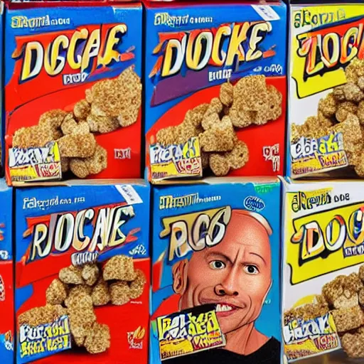 Prompt: dwayne the rock johnson breakfast cereal boxes on store shelf