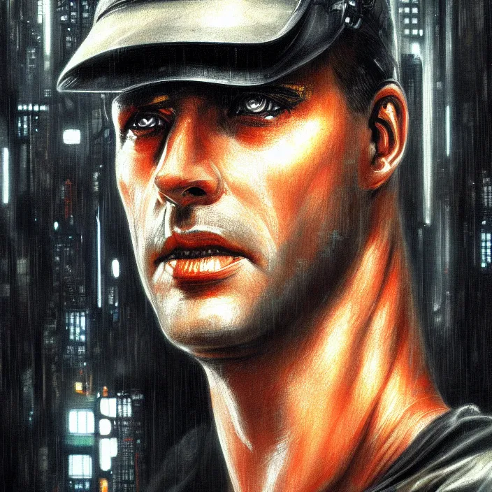 Image similar to excellent painted portrait of a replicant construction worker from blade runner (1982), cyberpunk blade runner art, character artwork, 8k resolution artwork, trending on artstation, detailed digital oil painting portrait