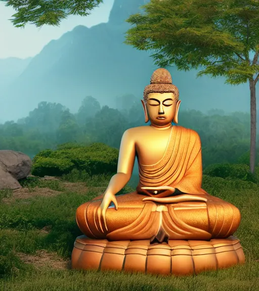 Image similar to full body portrait of buddha meditating statue, film photo, cgsociety, octane render, trending on artstation, artstationHD, artstationHQ, unreal engine, 4k, 8k