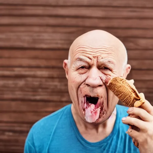 Prompt: very old wrinkly bald guy angrily eating an ice cream cone