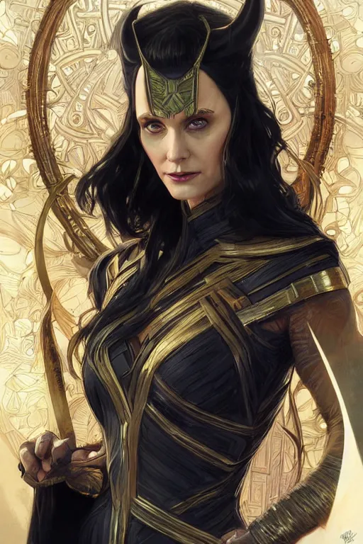 Prompt: portrait of lady loki, D&D, fantasy, highly detailed, digital painting, artstation, concept art, smooth, sharp focus, illustration, art by artgerm and greg rutkowski and alphonse mucha