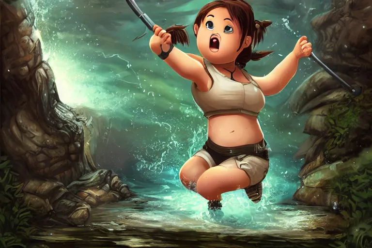 Image similar to wide shot of obese Chibi derpy Lara Croft climbing out of a roaring ancient river, fireflies by Lilia Alvarado