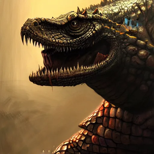 Image similar to portrait of an angry reptile in the armor, beautiful face, hyper realistic, highly detailed, digital painting, artstation, illustration, concept art by hyung tae and frank frazetta, digital paint, matte paint, washed colors, eating cakes, dark, gloomy, foggy