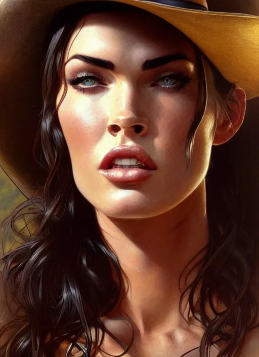 Prompt: portrait of megan fox as cowboy, 1 8 9 0, western, hat, colt, intricate, headshot, highly detailed, digital painting, artstation, concept art, sharp focus, cinematic lighting, illustration, art by artgerm and greg rutkowski, alphonse mucha, cgsociety