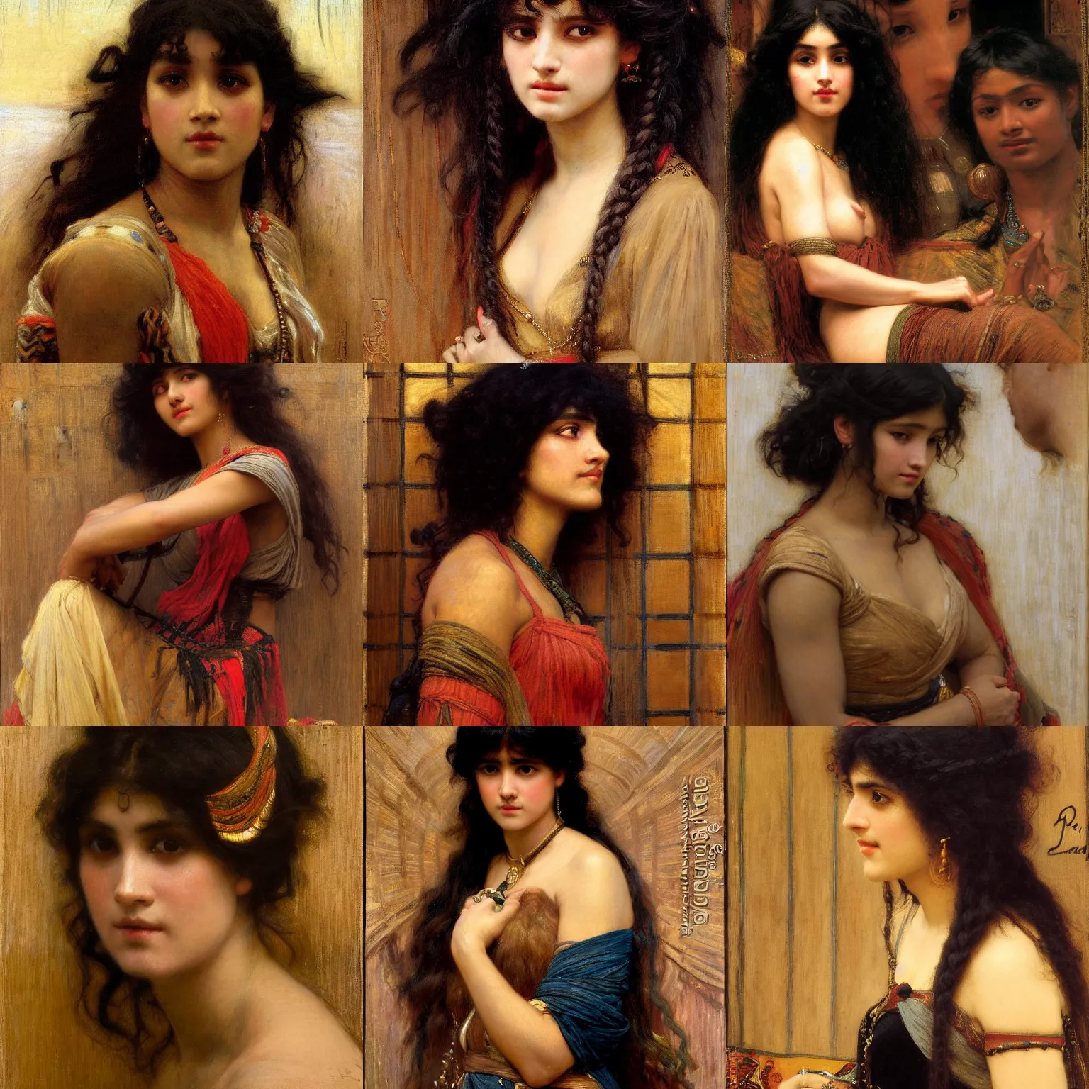 Image similar to orientalist painting of bangs, curly black hair woman with brown skin portrait by john william waterhouse and Edwin Longsden Long and Theodore Ralli and gaston bussiere. Cinematic, hyper realism, dramatic lighting, high detail 8k