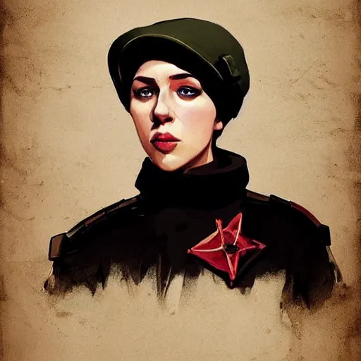 Prompt: portrait of a bolshevik nadezhda konstantinovna krupskaya as scarlett johansson in team fortress 2 style, epic, tragic, military art, fantasy, hd shot, digital portrait, beautiful, artstation, comic style, by artgerm, guy denning, jakub rozalski, magali villeneuve and charlie bowater