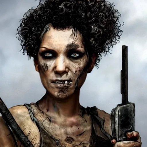 Prompt: mad - maxesque postapocalyptic woman with short curly hair