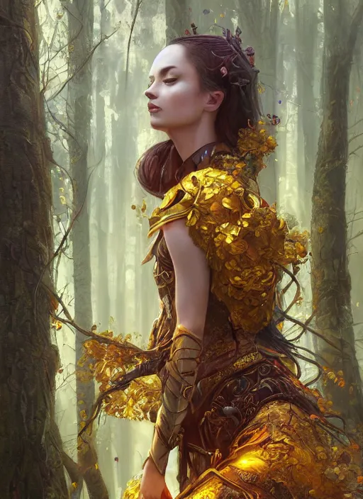 Prompt: intricate oil painting portrait by Anna Dittmann depicting a stunning female fantasy cleric in a bright temple surrounded by yellow spring forest and dead trees, evening, atmospheric lighting, intricate detail, cgsociety, hyperrealistic, octane render, RPG portrait, ambient light, dynamic lighting