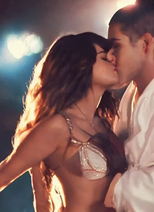 Prompt: a close - up, color cinema film still of selena gomez wearing a hooters outfit kissing taylor swift passionately, cinematic lighting at night.