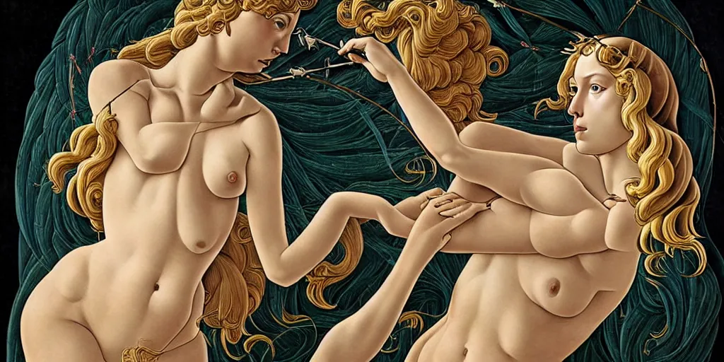 Image similar to the 12 months of the year as figures, in a mixed style of Botticelli and Æon Flux, stunningly detailed artwork